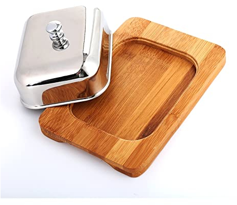 MORYEN Beurrier en Acier Inoxydable Boîte à Beurre Conteneur Fromage Serveur Stockage Gardien Plateau en Bambou avec Finition Miroir Couvercle Beurre Gardien Plateaux