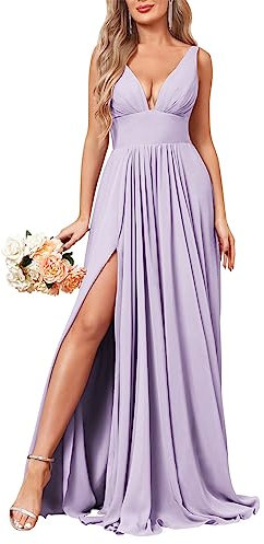HPPEE Vestido de dama de honor con cuello en V y tirantes delgados, talla grande, de gasa, sin mangas, para invitados de boda, con abertura para mujer, Lila, 58 Más