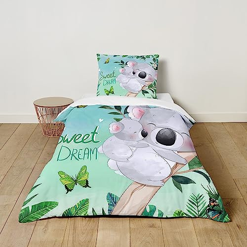FANSU Parure de Lit pour Enfant Imprimé Koala de Dessin Animé Ensemble de Literie en Microfibre Respirant avec Housse de Couette Fermeture éclair et Taie d'oreiller (140x200cm,Vert)