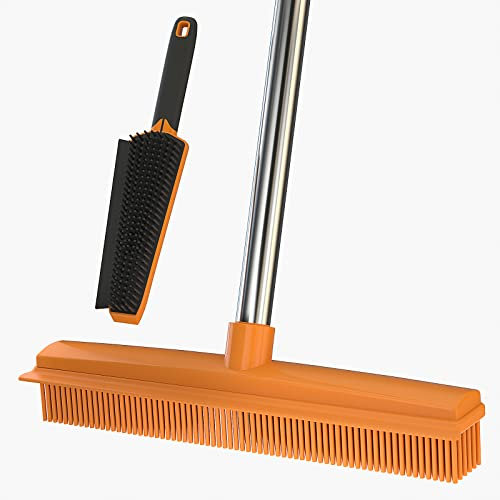 Rubber Broom for Pet Hair Removal with 57 Long Handle,Carpet Rake for Fluff Carpet with Squeegee,Dog Cat Fur Remover Rug Brush Broom,Hardwood Floor,Tile,Window,Portable Detailing Lint Remover Brush