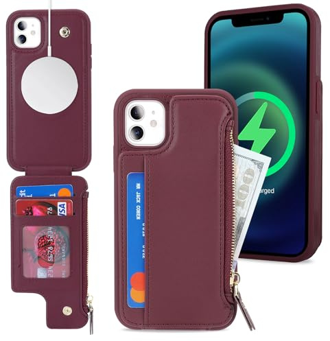 SailorTech iPhone 11 Etui mit Kartenhalter, iPhone 11 Hülle mit Reißverschluss Kartenfach Geldbörse für iPhone 11 Handyhülle Lederhülle - Burgunderrot