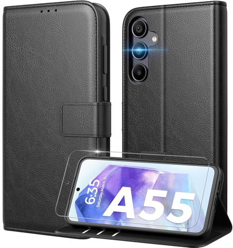 Handyhülle für Samsung Galaxy A55 5G Hülle mit Panzer Schutz Glas, Schwarz | 3 Kartenfach, Geldtasche, RFID-Schutz, 360° Fallschutz, Ständer, Premium PU Leder Klapphülle kompatibel mit Galaxy A55