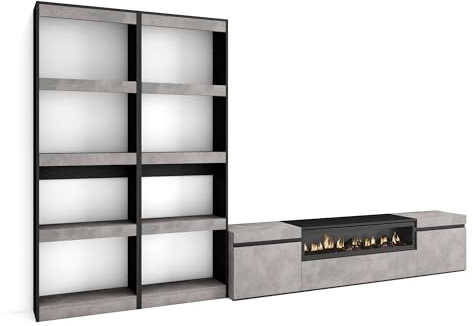 Skraut Home | Wohnwand Wohnzimmer | Wohnzimmermöbel, Möbelset | 320x186x35cm | Für TV-Geräte bis zu 80 | Elektrokamin. | Moderner Stil | Zement