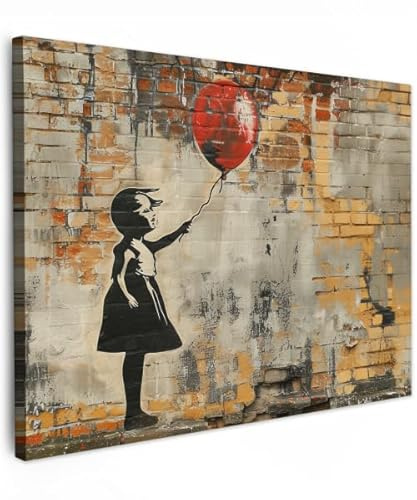 MuchoWow© Bild auf Leinwand Schlafzimmer Bilder Badezimmer Wand Deko | 80x60 cm - Wohnzimmer Modern Wanddeko Bilderwand Geschenk Graffiti - Banksy - Mädchen - Street art