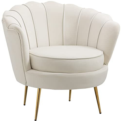 HOMCOM Fauteuil Coquillage Fauteuil Design dim. 79L x 77l x 77H cm Pieds dorés effilés Velours Blanc