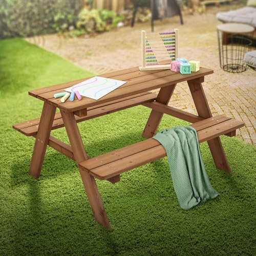 ML-Design Set di Sedute da Esterno per Bambini Marrone in Legno Massiccio Set con 2 Panche e Tavolo da Picnic da Giardino con 4 Sedute Mobili con 2 Panche Incorporate per Bambini da Gioco