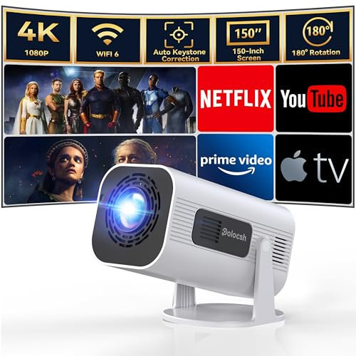 Polocsh Mini Projector 4K Support with Android TV 11,Auto Keystone &180° Rotation,Native 1080P WiFi 6 BT5.2 Built-in Speaker Portable Outdoor Projector for Home Cinema/Bedroom/iOS/Android/HDMI（White）