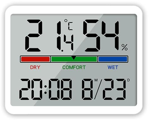 ALLOMN Hygrometer Indoor Thermometer, Desktop Digital Room Humidity Gauge Accurate Temperature Monitor Meter Large LCD Display Humidity Gauge Thermometer with Clock for Home Greenhouse (White)