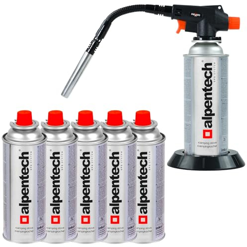 REXXER Gasbrenner Set 1300 W – mit 6 Alpentech Butangaskartuschen 220 g / 400 ml, Piezozündung, flexibler Düsenkopf, Flammenregulierung, bis 1300 °C – Lötbrenner, Flambierbrenner