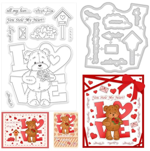 ORIGACH Transparente Stempel Und Stanzformen Zum Valentinstag Mit Teddybär Motiv Für Die Kartengestaltung. Transparente Stempel Und Stanzset Für Die Dekoration von DIY Scrapbooking Fotoalben