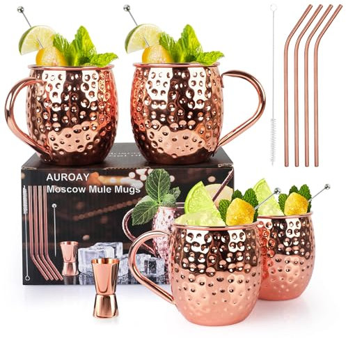 AUROAY 4 SET 550ML Moscow Mule Taza Cobre Vaso Moscow Mule Copas de Cóctel Copper Mug 4 Piezas Copas con 4 Pajitas,4 Palos de Decoración, 1 Jigger,1 Cepillo de Limpieza