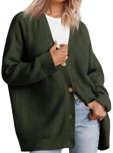 Placitiume Cardigan oversize con scollo a V da donna - Top casual autunnali in maglia con bottoni frontali per outfit alla moda, Verde militare, XS