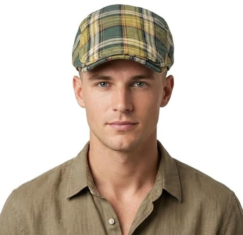 HIQIU Karierte Schiebermütze Herren Flatcap Vintage Karomuster Muster Barett Cap Schirmmütze Damen Einstellbar Newsboy Cap Efeu Hut für Frühling Sommer (DE/NL/SE/PL, Alphanumerisch, M, L, 01- Grün)