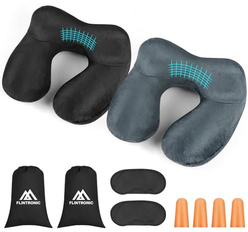 flintronic 2PCS Inflatable Travel Pillow, Inflatable Travel Pillow for Airplane, Soft Velvet Neck Support, Lightweight Ergonomic Sleeping Neck Pillow for Airplane, Car, Train, Office, Camping