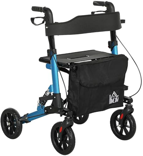 HOMCOM Folding Rollator Walker with Seat, Backrest, Lightweight Walking Frame with Storage Bag, Dual Brakes, Adjustable Handle Height, Suspension System, 4 Wheeled Walker for Seniors, Blue