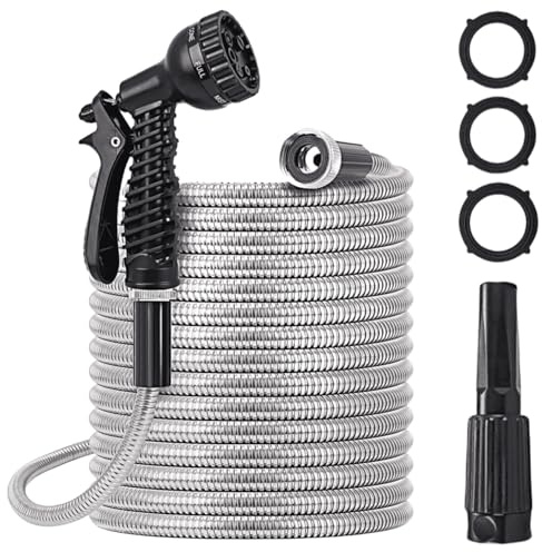 ATEK Garden Hose Pipe, 100ft Stainless Steel Expandable Garden Hose with 7 Function Spray Nozzle, Anti-Leakage, Heavy Duty Expanding Magic Hose, Lightweight, Retractable Garden Water Hose