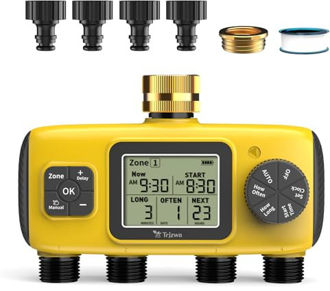 TRJZWA Centralina di Irrigazione Individuale a 4 Zone, Ampio Schermo LED, Timer di Irrigazione con Ritardo Pioggia/Automatico/Manuale, Computer di Irrigazione Automatica da Giardino Impermeabile IP55