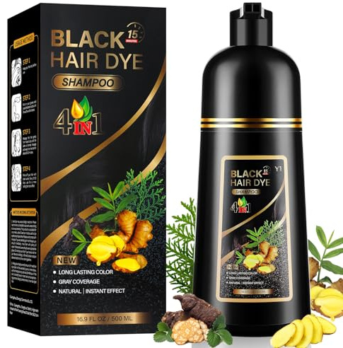 YUOLITA 500ML 4 In 1 Shampoo Istantaneo per Capelli Neri, Shampoo Colorante Nero per Donna Uomo, Colore Naturale，100% Copertura shampoo Capelli Colorati Nero