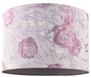 Modern Designer Soft Lilac Floral Textured Jacquard Drum Lamp Shade with Pink Roses | 30cm x 20cm | Lilac Cotton Inner Lining by Happy Homewares