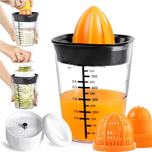 GLADICER Hand Juicer, 6 in 1 Multifunctional Cup, Lemon Squeezer, Citrus Juicer With 600ML（20 Ounce）Capacity Measuring Cup, Zucchini Spiralizer Noodle Maker,For Lemon,Orange,Zucchini (White)