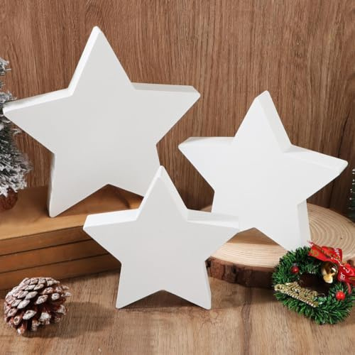 BETESSIN 3pcs Estrella de Madera para Navidad, Adorno Decoración de Mesa 3 Tamaños, Decoración Madera para Fiesta de Navidad