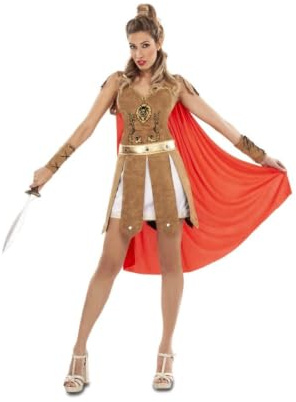 My Other Me - Disfraz Romana mujer adulto en marrón y rojo | Incluye vestido con falda blanca con ribete dorado, capa roja, cinturón, muñequeras y gargantilla