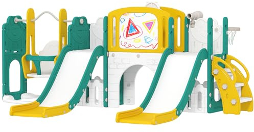 AIYAPLAY Kinderrutsche 9 in 1 Kleinkind Rutsche mit Basketballkorb, 2 Rutsche, Klettergerüst, Schaukel, Tunnel, Fernrohr, Reißbrett, Froschmotiv und Aufbewahrungsbox usw. Indoor Outdoor für 1-3 Jahre