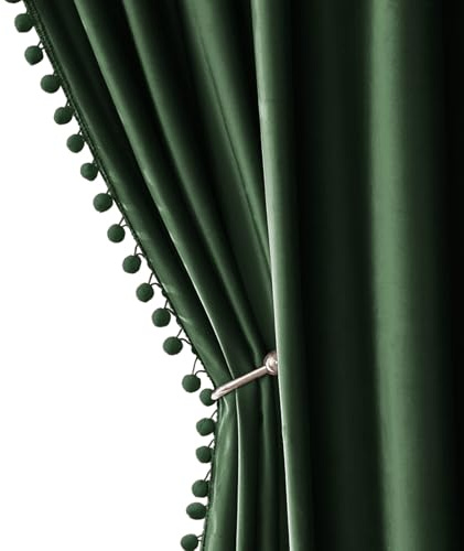 MIULEE Emerald Green Pom Pom Velvet Blackout Curtains, W52 x L84 Set of 2