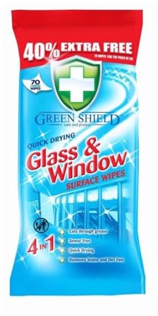 HOCHSTE® Green Shield Quick Drying Glass & Window Surface Wipes, Removes Stains and Dirt Fast, Smear Free, Cuts Through Grease, Easy to Use, Pack of 70 Large Wipes