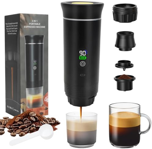 Wapasezyar Tragbare Espressomaschine,12V Elektrische Espressomaschine mit Selbsterhitzung, USB & Autoladegerät, Erhitzt 80 ml Kaffee in 5 Minuten, Camping Kaffeemaschine für Reisen und Auto Schwarz