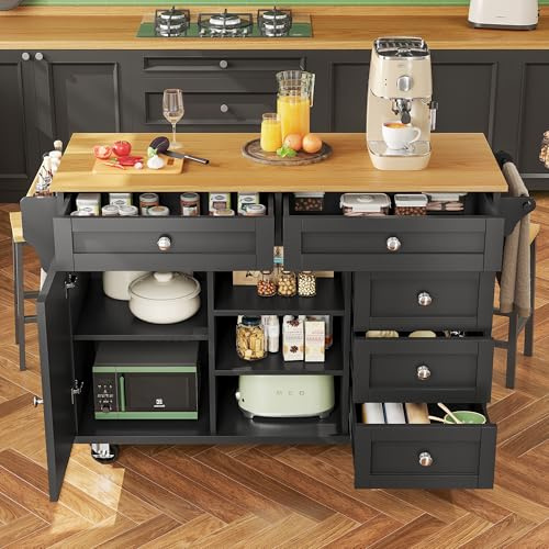 ZONJIE Kücheninsel, Moderne Kücheninsel mit Rollen und viel Stauraum, Buffetschrank, Servierwagen mit Arbeitsplatte und seitlichem Handtuchhalter, multifunktionaler Esstisch (Schwarz)