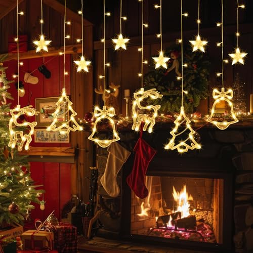 NLWMTI 12Pièces Lumineuse de Noël de Fenêtre, 138 Leds Éclairage Intérieur Extérieur Rideau Lumière Décorative, 8 Modes Batterie Étoile éclairage pour Décoration de Noël, Festival, Fête