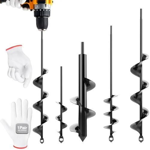4pk Auger Drill Bit for Planting with Gloves - Heavy Duty Garden Spiral and Bulb Planter Tool for Digging Holes - Compatible with 3/8 Inch Hex Drive (1.6 x 8.6 + 3 x 12 + 2 x 14.5 + 2.6 x 16.5 Inch)