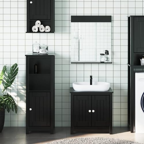 Teenpull Ensemble de 3 meubles de salle de bain Montagne noir en pin massif, 60 x 34 x 59 cm, meuble sous lavabo, armoire sur pied, miroir, espace de rangement pour salle de bain
