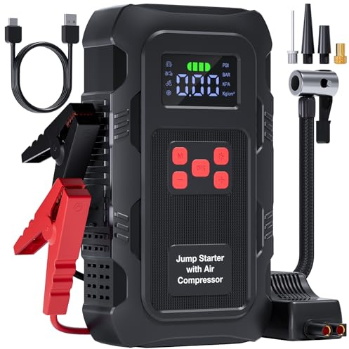 Povasee Jump Starter Power Pack with Air Compressor 150PSI, 9000A Car Jump Starter with Auto Shutoff Tyre Inflator, 12V Battery Booster (10L Gas/8L Diesel) Jump Pack with LED Light, Outport (Red)