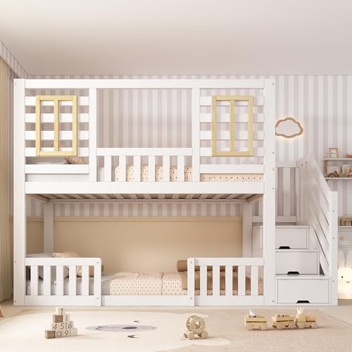 Merax Double Bunk Bed,Children's Twin sleeper Bunk beds,with Storage Stair&Fall Protection and Railings&wooden windows Design, Solid Wood, White(90+90) x190cm