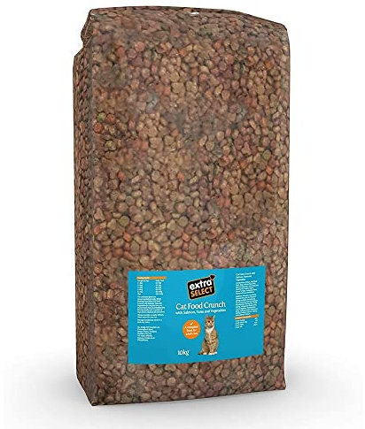 Extra Select Adult Cat Food Crunch - Salmon, Tuna & Vegetables, 10kg | Complete crunchy dry food for adult cats with salmon, whole peas and yucca schidigera in a 10kg bulk bag.