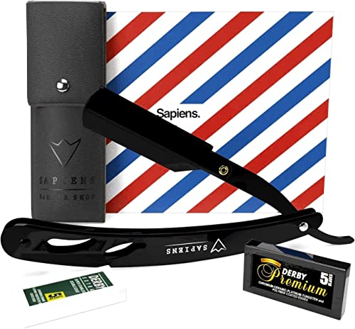 Sapiens Barbershop Rasiermesser Herren - Bart Rasierer + 25 Rasierklingen + Tragetasche - Barber Rasierer mit Wechselklinge - Straight Razor Schwarze Edition