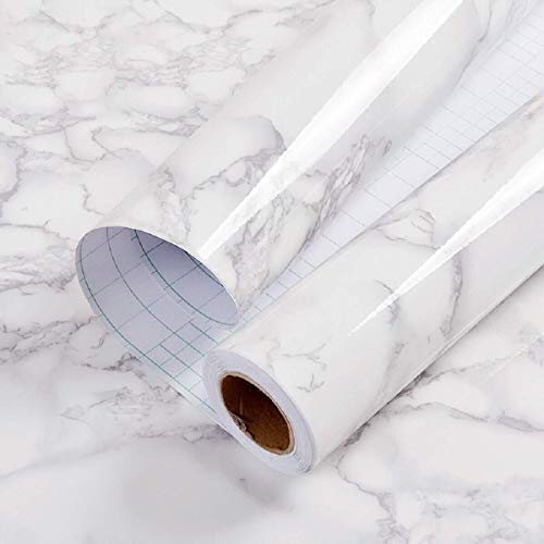 Hode Papier Peint Film Rouleau Adhesif pour Meuble Cuisine Mural, Papier Autocollant pour Meuble Armoires Imperméable, Décoratif Revêtement Blanc Marbre Vinyle Tableaux Comptoirs 40×300cm PVC