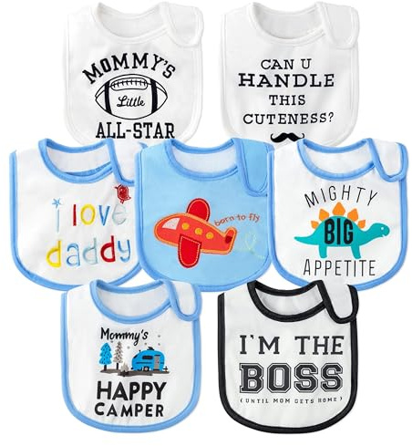 2ooya 7Pcs Cotton Waterproof Baby Bibs Adjustable Hook Loop Closure Infant Bib Unisex Blue Newborn Infant Food Bibs Keepsake Baby Gift for Drooling Feeding Eating Teething, 6-12 Months