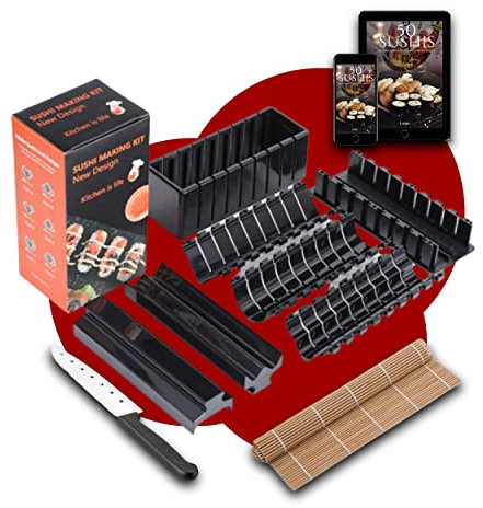 Sushi Maker Set mit 50 Rezepten und Videoanleitung 10-teilig mit Messer | Matten / Bambusmatte | Sushi-Gerät ideal für die Herstellung Ihrer Sushi und Maki, Geschenkidee