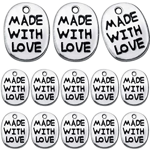 200pcs Antique Silver Oval Word Pendant Charms Tibetan Style Alloy Message Made with Love Valentine's Day Theme Charms for DIY Bracelet Necklace Jewelry Making Supplies
