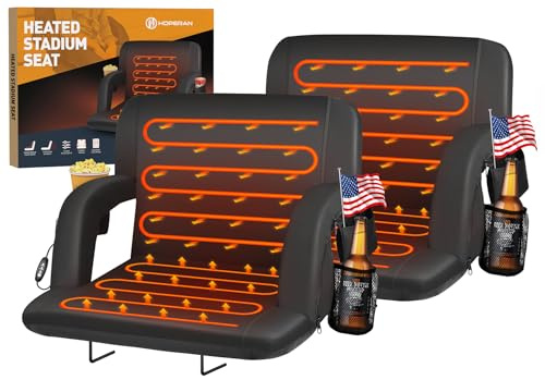 HOPERAN Heated Stadium Seats for Bleachers with Back Support Wide Cushion, Extra Portable Bleacher Seat Foldable Stadium Chair, USB 3 Levels of Heat, Pockets for Outdoor Indoor Sports 25 Black 2pcs