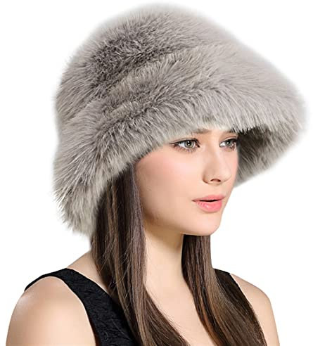 Lifup Damen Kunstfellmütze Warme Fischermütze Breite Krempe Mütze Windschutz Freizeitmütze Grau One Size
