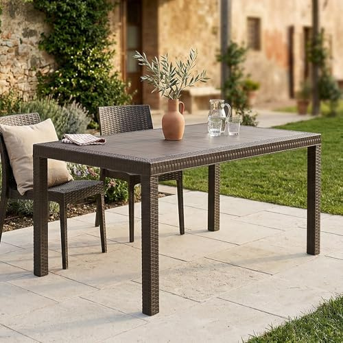 Dmora - Tisch im Freien Giove, rechteckiger GartenRegal, Mehrzweck-Gartentisch in Rattan-Optik, 100% Made in Italy, 150x90h74 cm, Braun