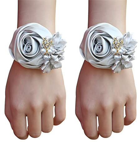 Cileruide Braut Satin Rosen Hand Blume Handgelenk Blume Bräutigam Revers Ansteckblume für Hochzeit Brautjungfern Trauzeugen Anzug Abschlussball Quinceanera Heimkehr (Silberne Handgelenksblume x2)