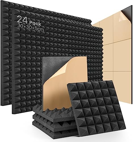 Akustikschaumstoff Selbstklebend 24 Stück Schalldämmung Hochdichte Schallabsorber Wand Reduzieren Hall-Echo-Lärm für Podcast Aufnahmestudio schallschutz 30x30x5cm