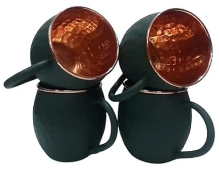 Ornate International 16 Oz Green Color Matte Moscow Mule Copper Cups and Barrel Mugs, Moscow Mule Mug with Rose Gold Copper Rims, Set of 4 (Green Mate)