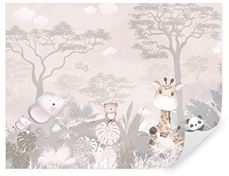 TAPEKO - Carta da Parati per Bambini, Fotomurali 260x180 cm - Giraffa, Elefante, Panda nella Giungla - Murale Fotografica per Cameretta, u73878