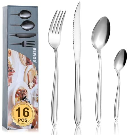 Cutlery Set, BEWOS 16 Pcs Stainless Steel Flatware Set, Tableware with Patterned Handle, Silverware Set with Spoon, Serrated Dinner Knife and Fork Set, Service for4, Dishwasher Safe, Mirror Polished